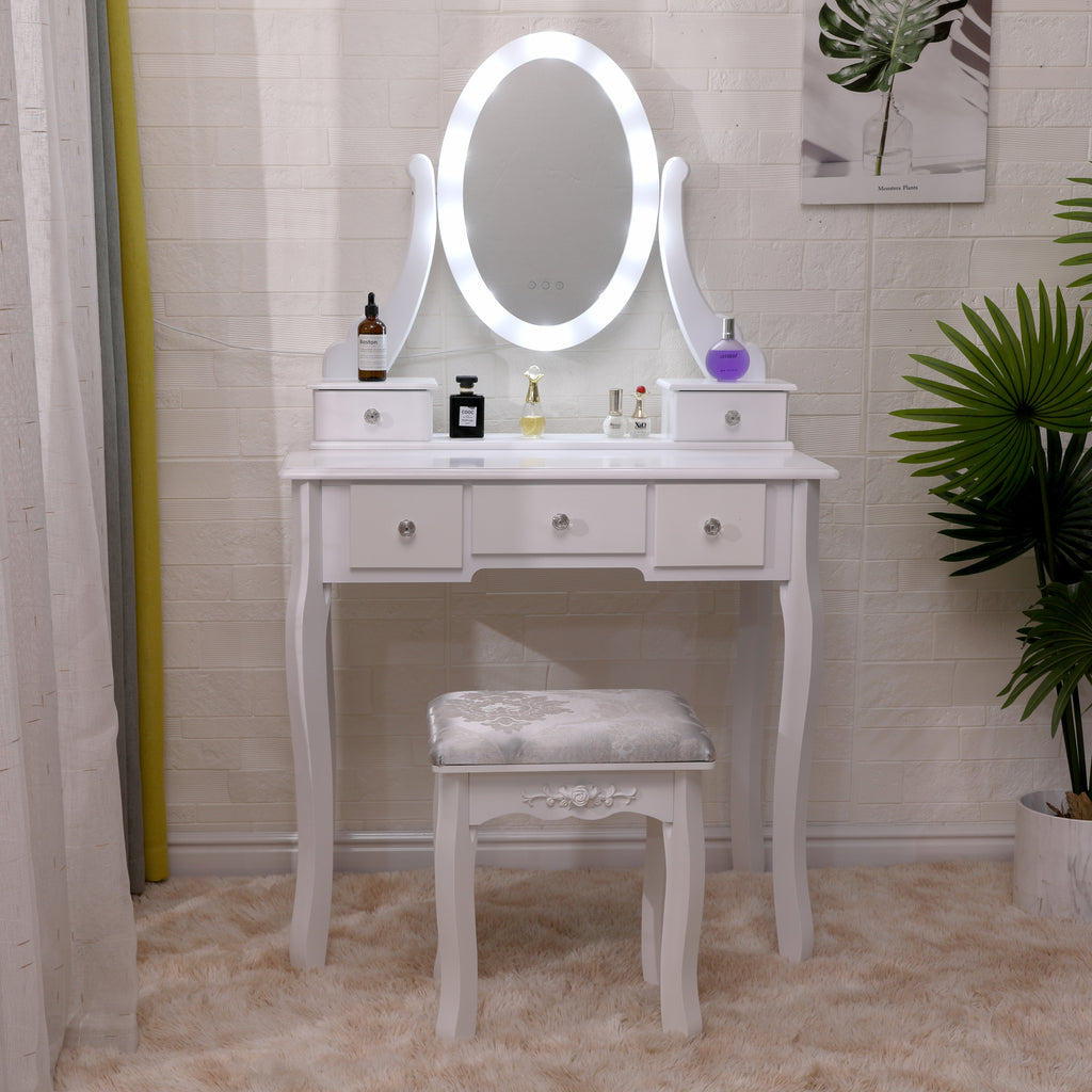 Homemade Design Vanity Dressing Table and Stool Set with LED Light and Round Mirror Dresser Set Makeup Desk Bedroom