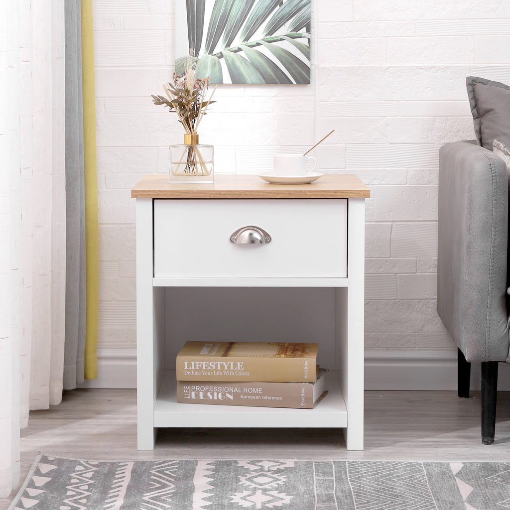 Homemade Design 1 Drawer Table Bedside Table with Shelf Lamp/Side Table Nightstand Cabinet Living Room/BedRoom White/Grey