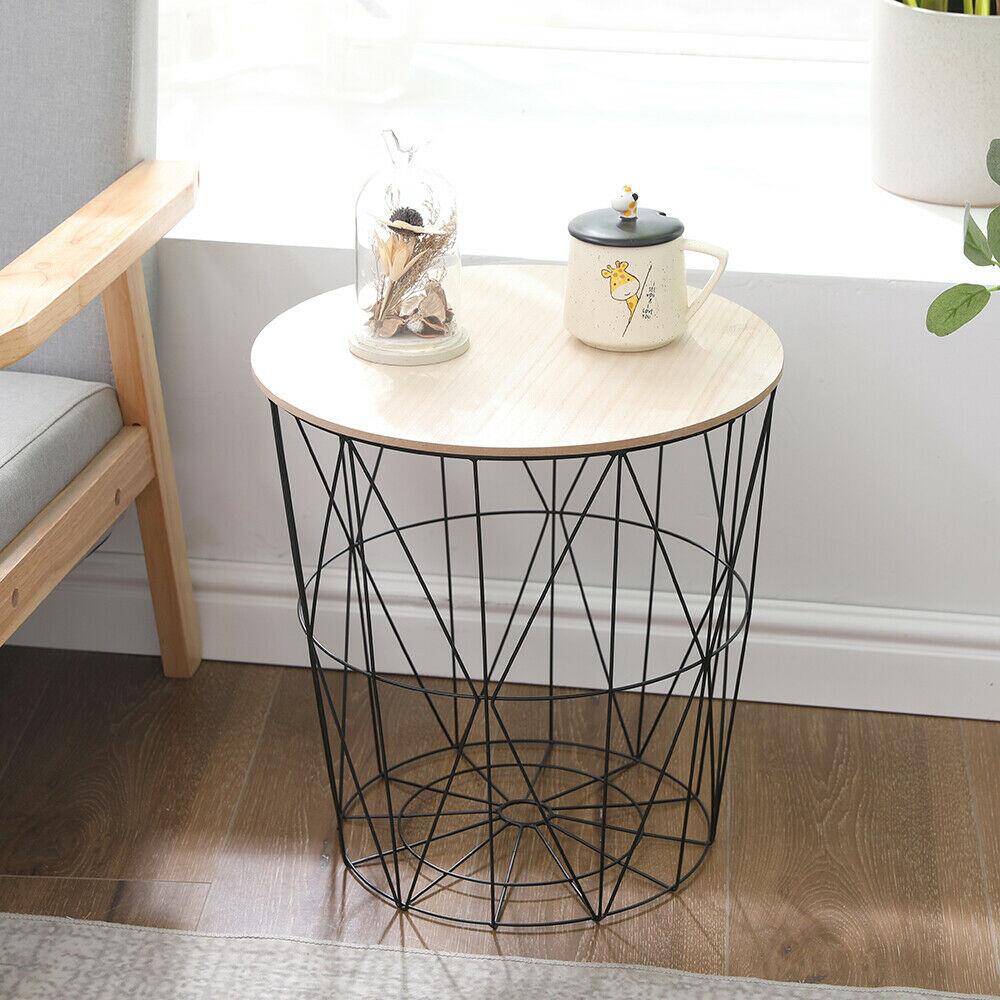 Homemade Design Modern Side Coffee Table End/Sofa Table Wooden Top Metal Wire Storage Basket Removable