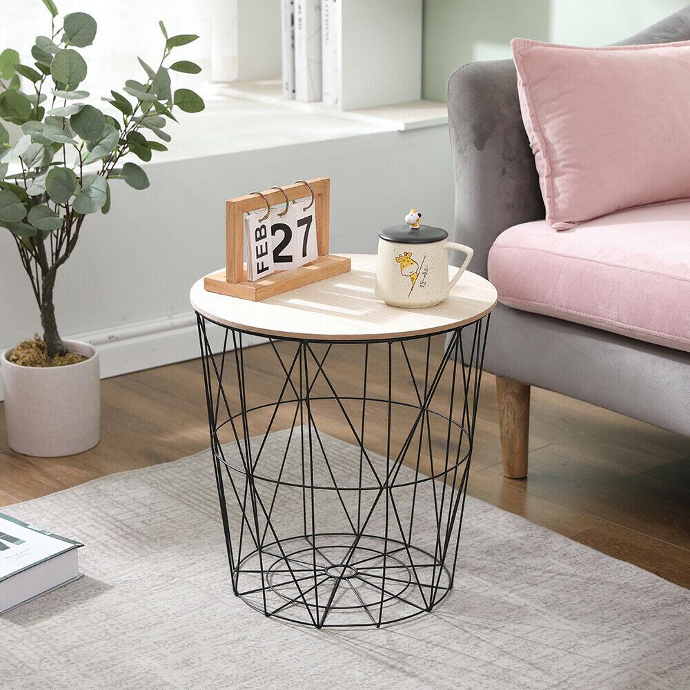 Homemade Design Modern Side Coffee Table End/Sofa Table Wooden Top Metal Wire Storage Basket Removable